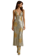Sequin dress with gold flower appliques