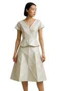 Geometric ivory dress, peplum waist, with Puff Sleeves or A-line