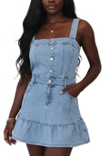Ruffled Hem Button Front Square Neck Denim Dress