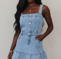 Ruffled Hem Button Front Square Neck Denim Dress