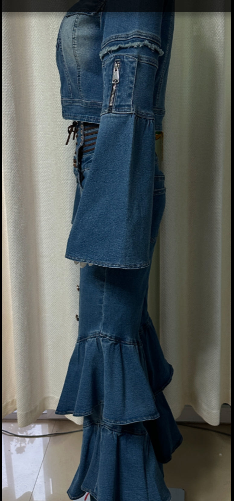 High-waisted Denim Corset Pants set with Ruffles