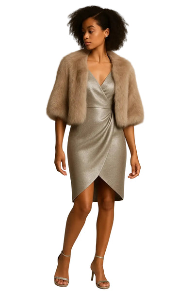 Metallic wrap dress with fur bolero