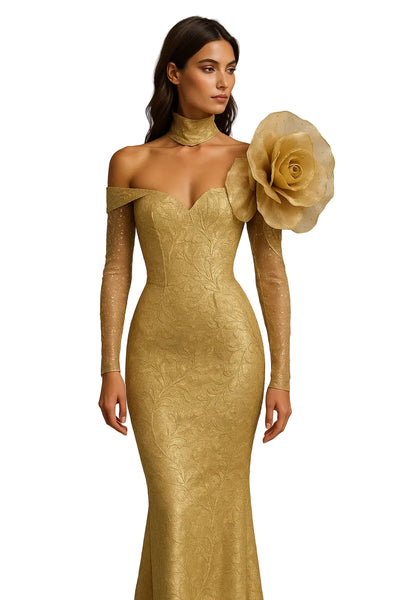 Off-Shoulder Gown, Rose Detail, Fitted