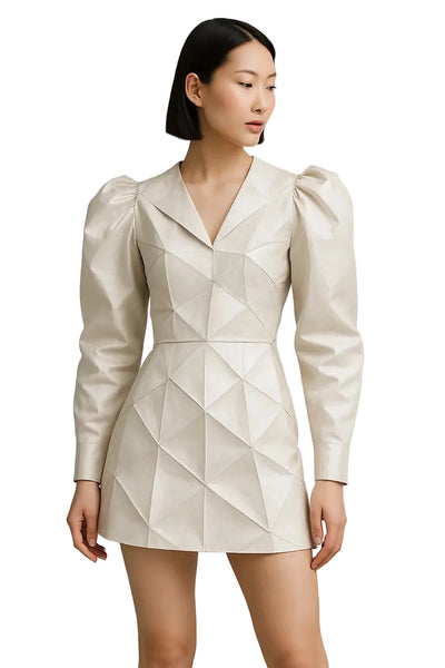 Geometric ivory dress, peplum waist, with Puff Sleeves or A-line