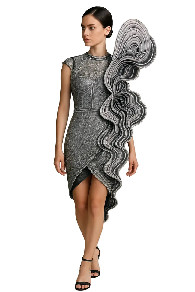 Silver shimmering dress with ruffled detail