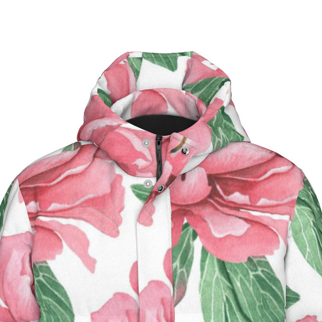 Pink Flower Print Unisex Long Down Jacket