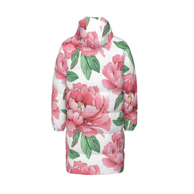 Pink Flower Print Unisex Long Down Jacket