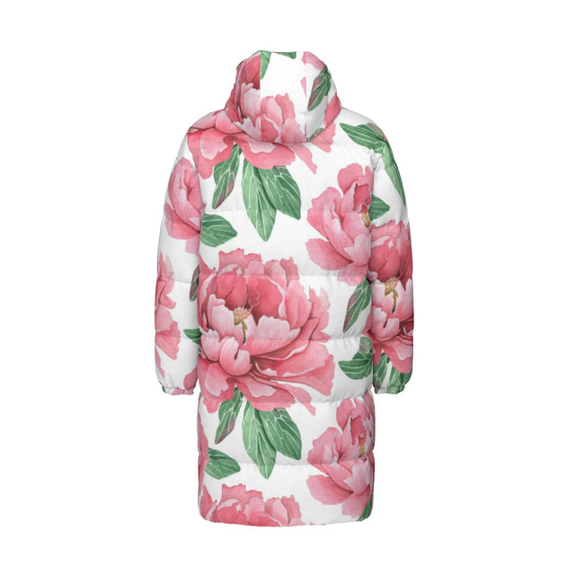 Pink Flower Print Unisex Long Down Jacket