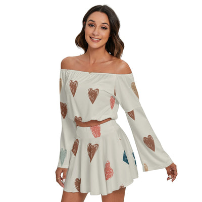 Hearts Off-shoulder Top And Skirt Set