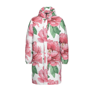Pink Flower Print Unisex Long Down Jacket