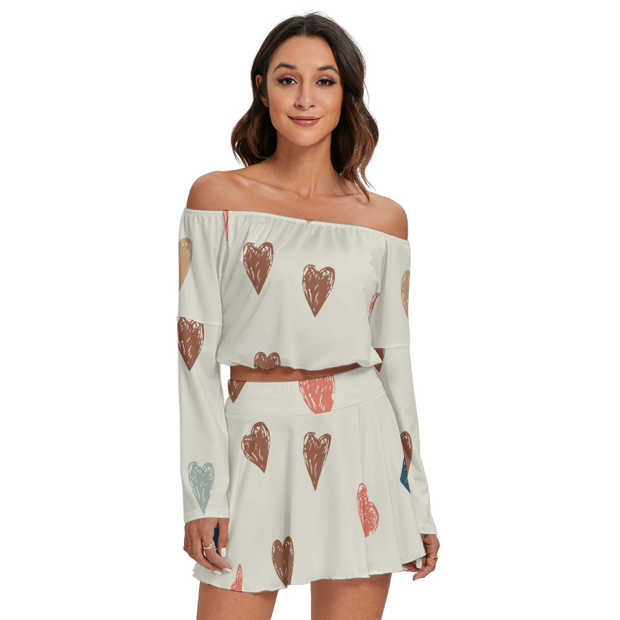 Hearts Off-shoulder Top And Skirt Set