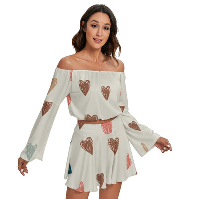 Hearts Off-shoulder Top And Skirt Set