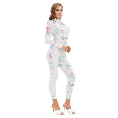 Robavian Flower Print-Women's Long-sleeved High-neck Jumpsuit With Zipper