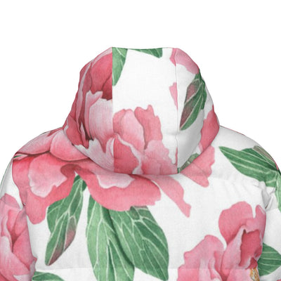 Pink Flower Print Unisex Long Down Jacket