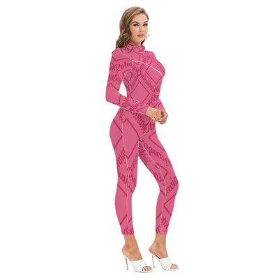 Hot Pink Women's Long-sleeved High-neck Jumpsuit With Zipper