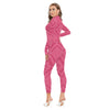 Hot Pink Women's Long-sleeved High-neck Jumpsuit With Zipper