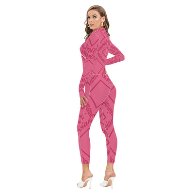 Hot Pink Women's Long-sleeved High-neck Jumpsuit With Zipper
