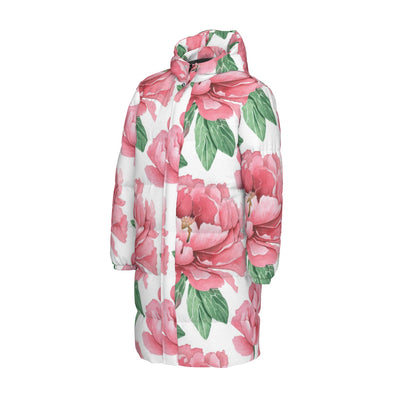 Pink Flower Print Unisex Long Down Jacket