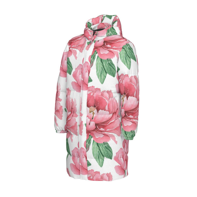 Pink Flower Print Unisex Long Down Jacket