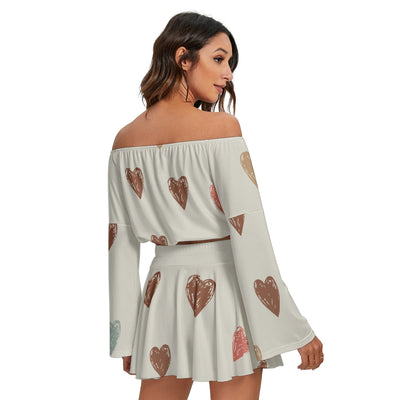 Hearts Off-shoulder Top And Skirt Set