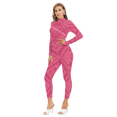 Hot Pink Women's Long-sleeved High-neck Jumpsuit With Zipper