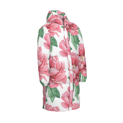 Pink Flower Print Unisex Long Down Jacket