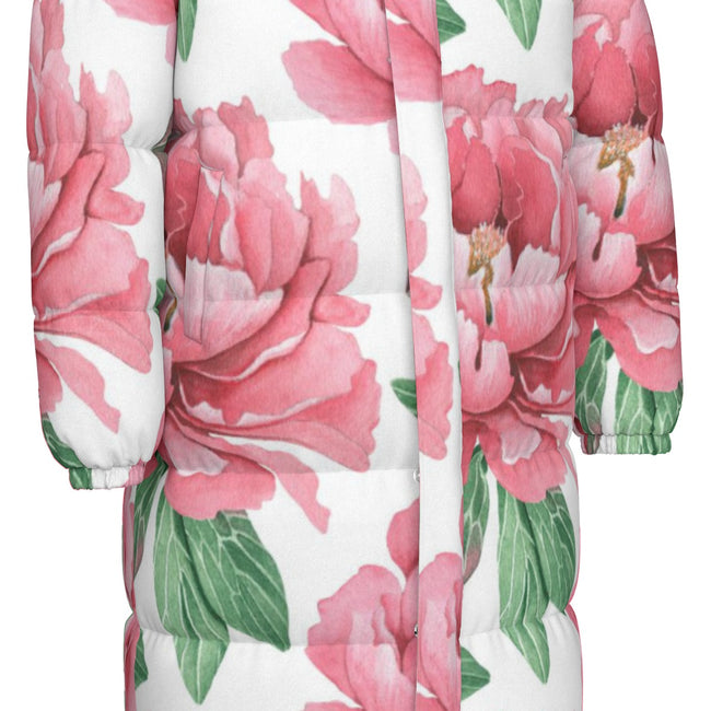 Pink Flower Print Unisex Long Down Jacket