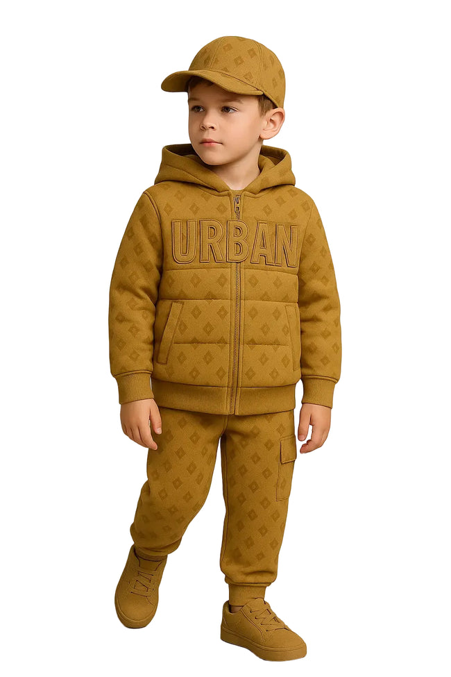 Kids-Mustard diamond pattern hoodie, joggers, cap