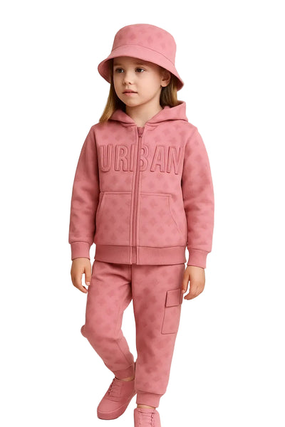 Pink patterned hoodie, joggers, bucket hat