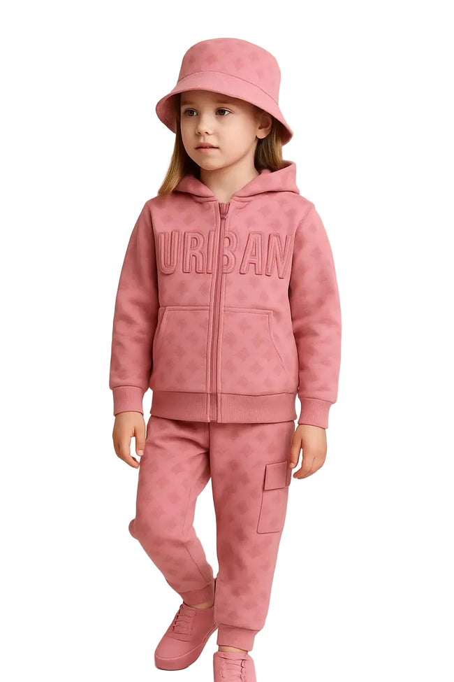 Pink patterned hoodie, joggers, bucket hat