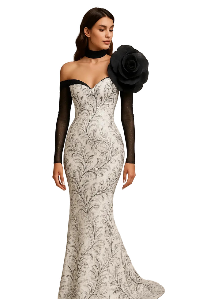 Off-Shoulder Gown, Rose Detail, Fitted