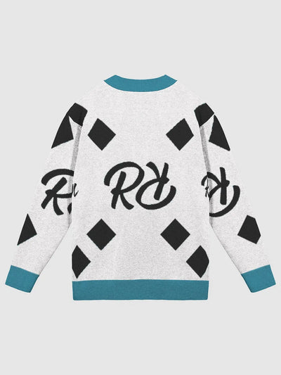 Black-White Unisex Cardigan w/Cyan Trim