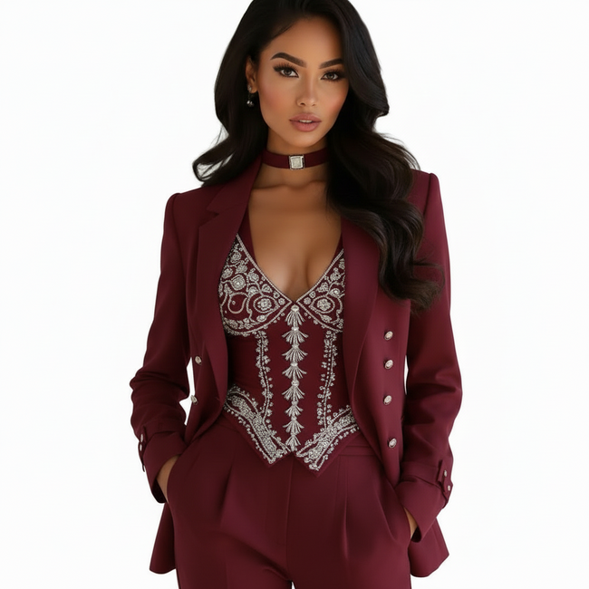 The Oprah-3 Piece Embroidered Suit-with Corset & Choker Necklace