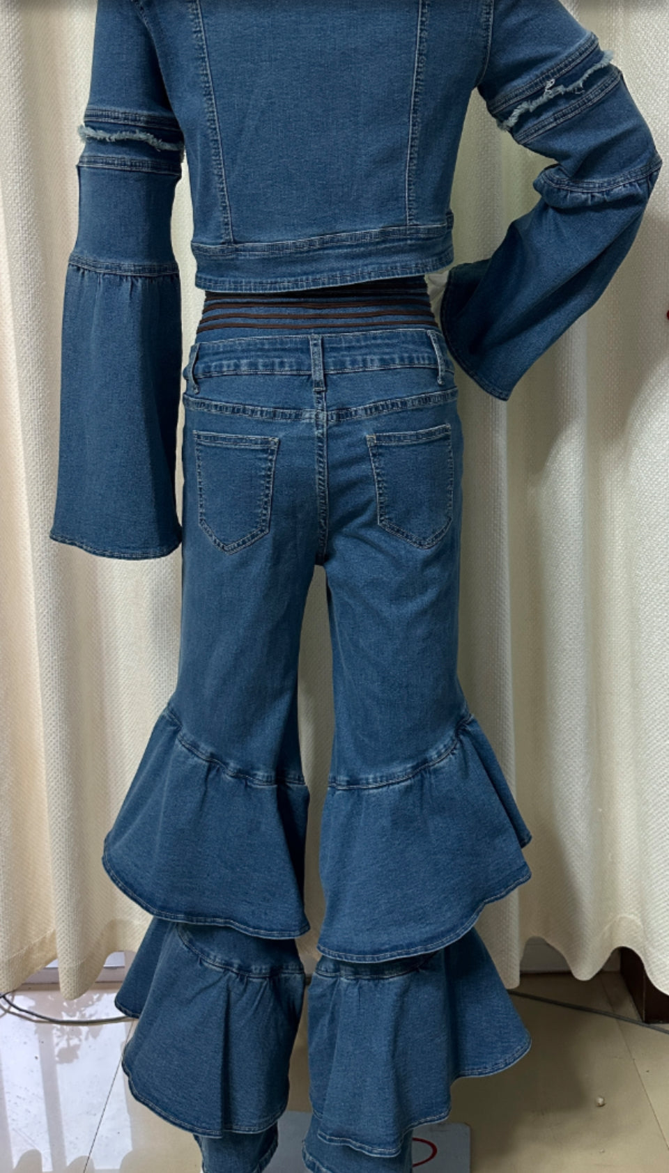 High-waisted Denim Corset Pants set with Ruffles