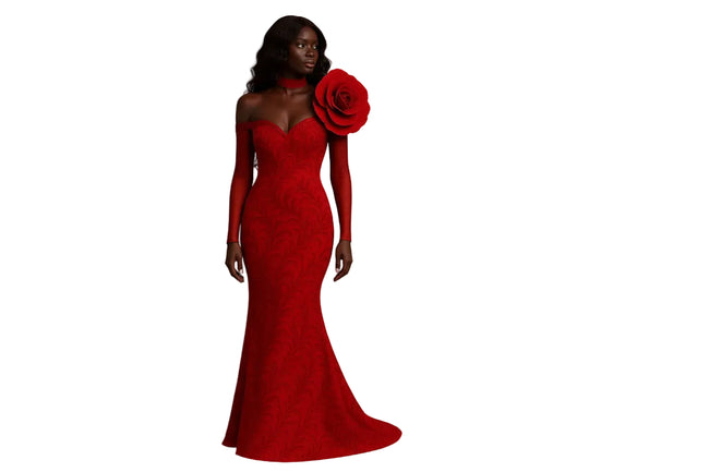 Off-Shoulder Gown, Rose Detail, Fitted