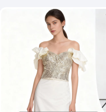 Sequin Bodice Top and Skirt Set with Ruffle Sleeves