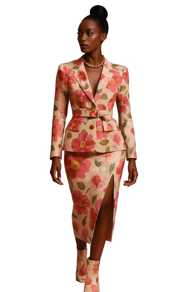 Floral print belted blazer and skirt