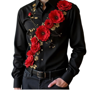 Men's Black Shirt w/Red Floral Embroidery