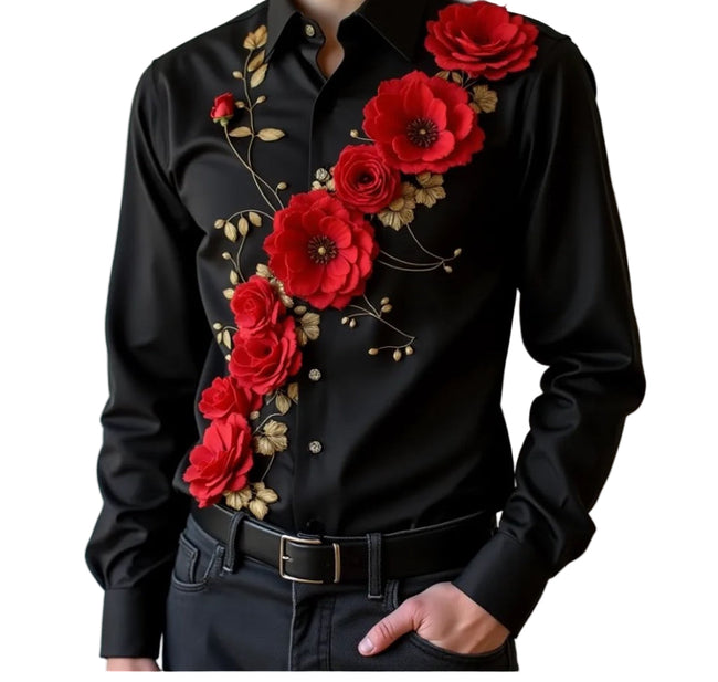Men's Black Shirt w/Red Floral Embroidery