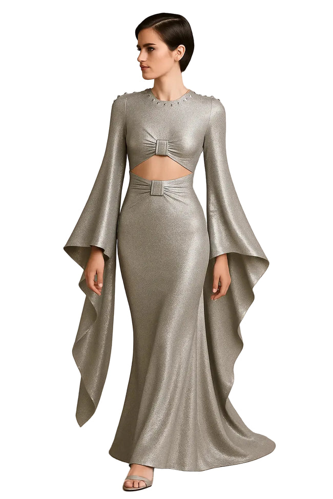 Metallic gown, cutouts, flowing sleeves