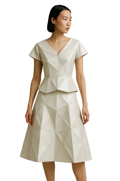 Geometric ivory dress, peplum waist, with Puff Sleeves or A-line
