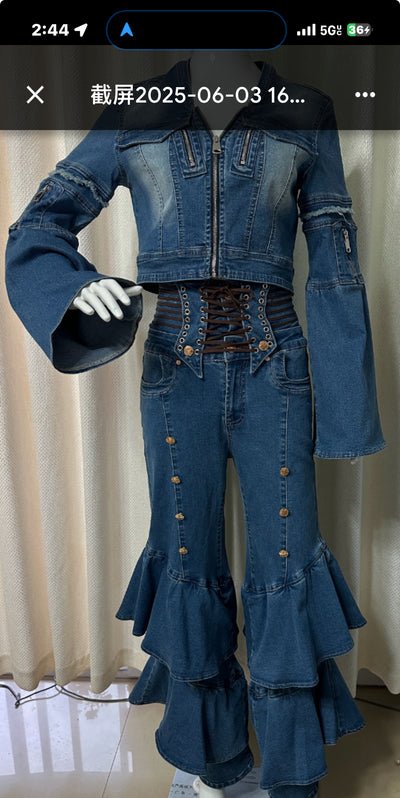 High-waisted Denim Corset Pants set with Ruffles