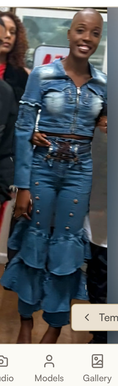 High-waisted Denim Corset Pants set with Ruffles