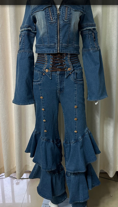 High-waisted Denim Corset Pants set with Ruffles