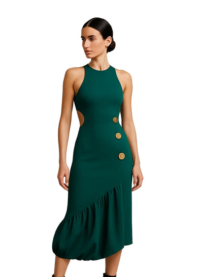 Emerald Green Dress w/Gold Buttons and Ruffles