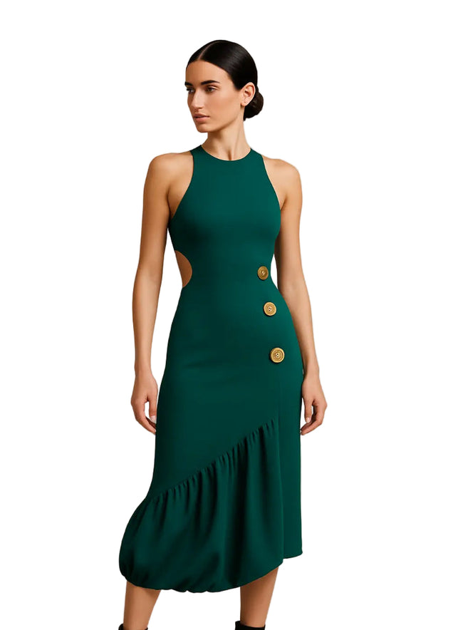 Emerald Green Dress w/Gold Buttons and Ruffles