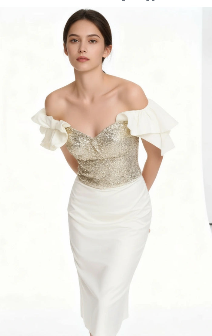 Sequin Bodice Top and Skirt Set with Ruffle Sleeves