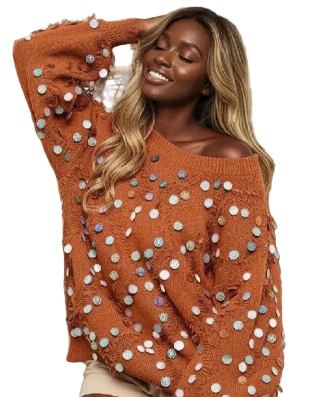 BiBi Distressed Effect Bishop Sleeve Spangled Sweater