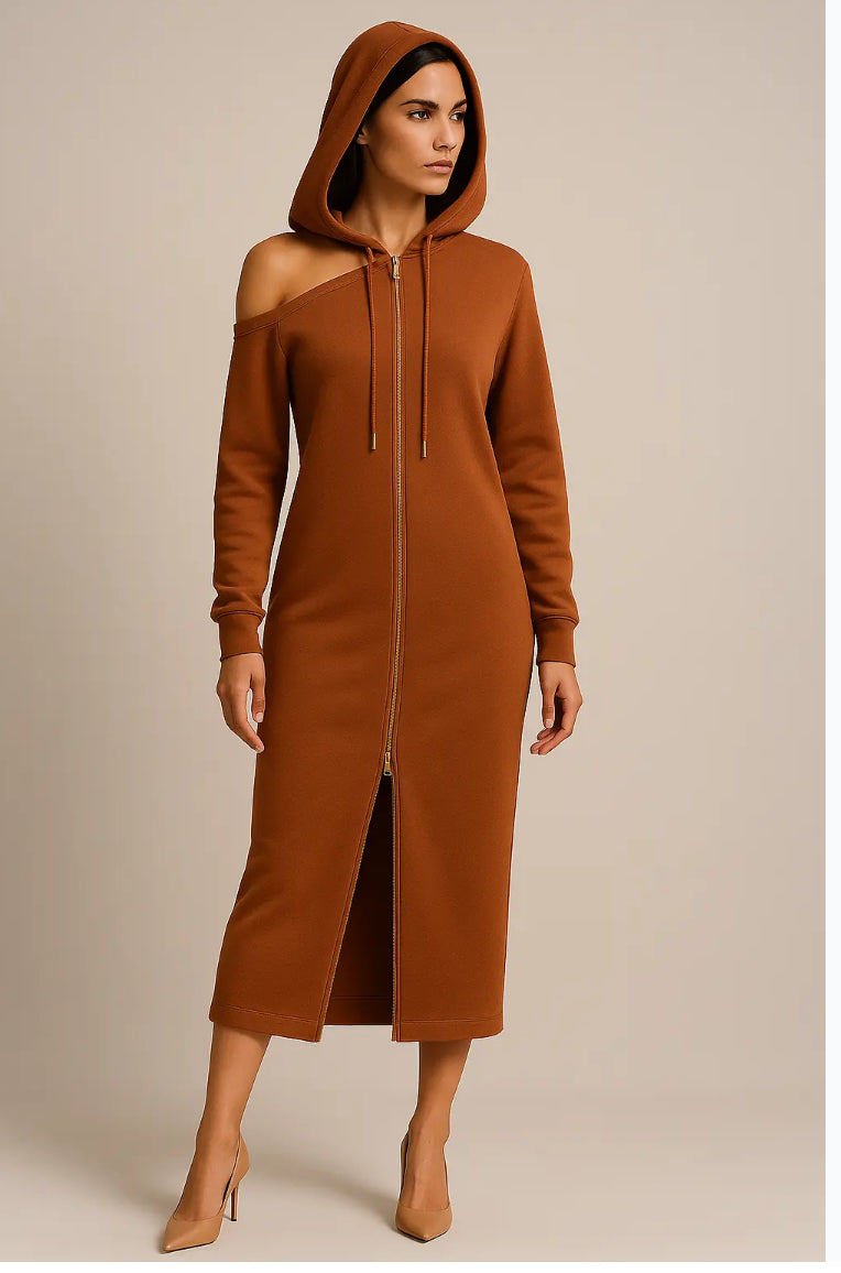 Hooded Midi Dress Shoulder Cut-Out