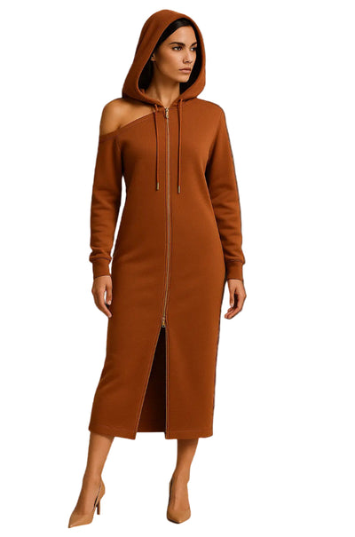 Hooded Midi Dress w/Shoulder Cut Out